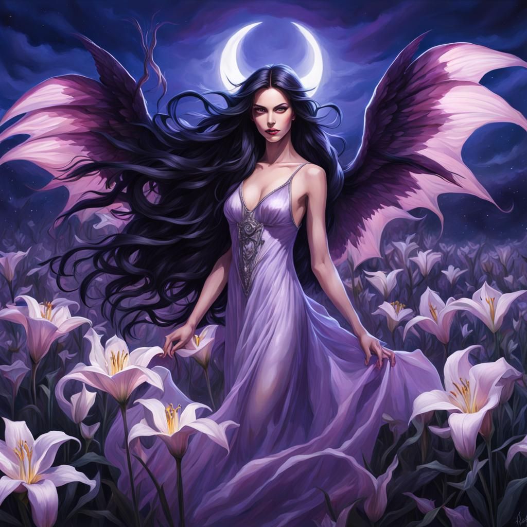 Elegant Demon Girl in Lily Field, Watercolor Style