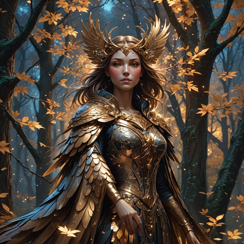 Bronze Bird in Sparkling Forest: Hyperdetailed Portrait