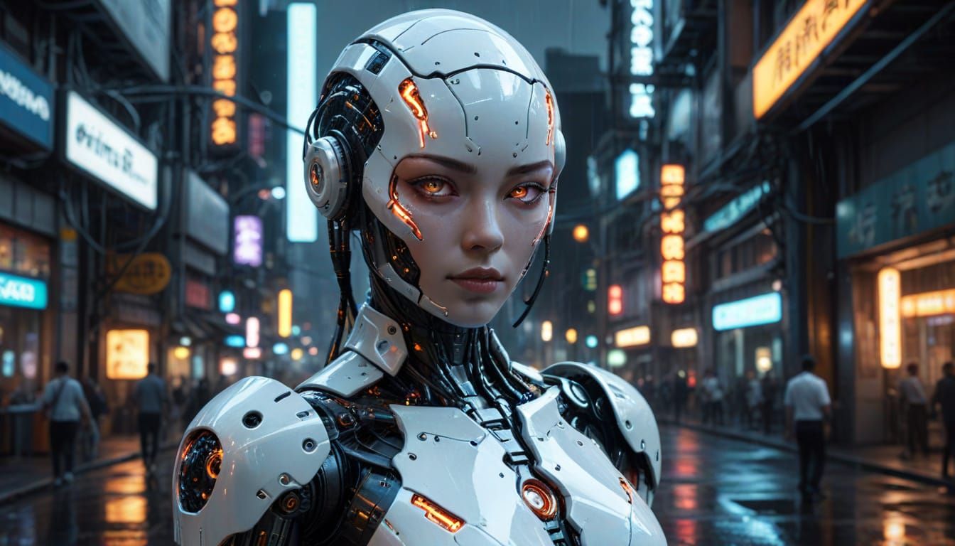 Japanese Gynoid Android in Cyberpunk Cityscape
