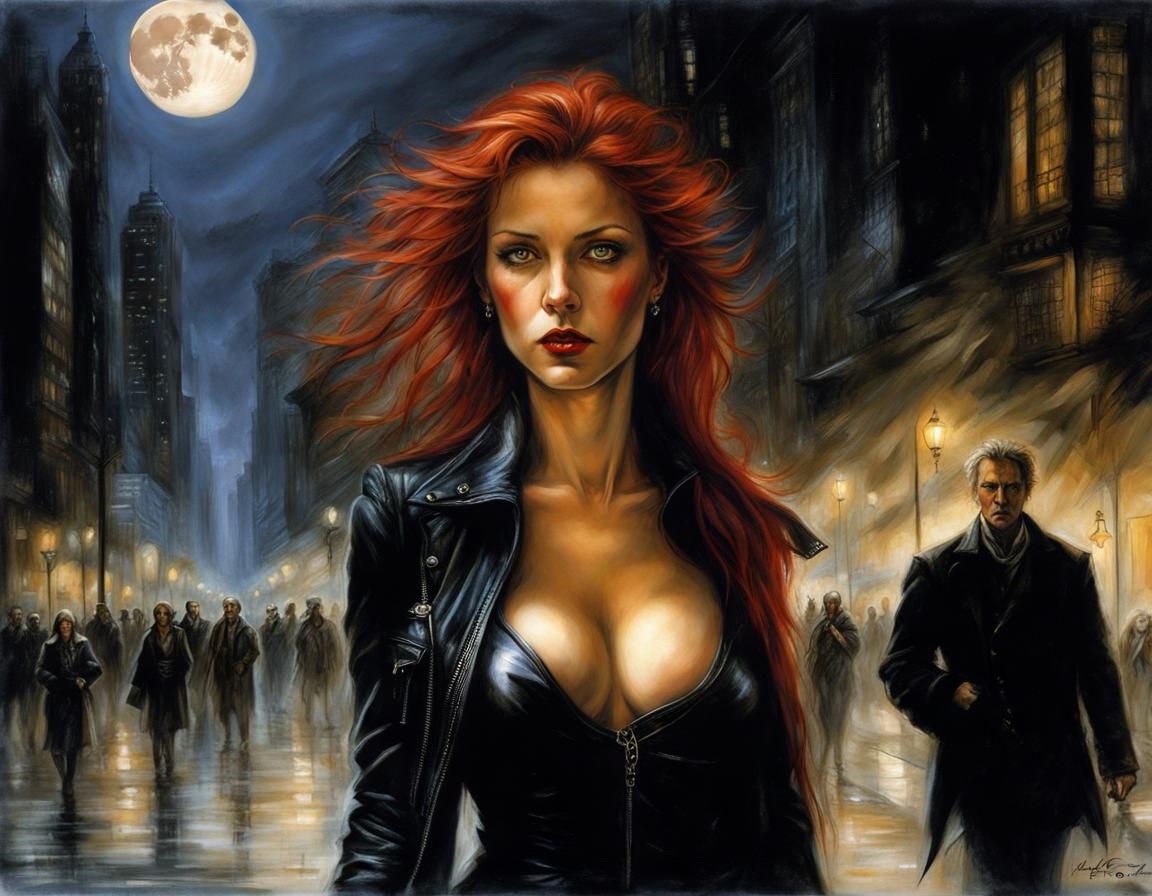 Red-Haired Woman in City Street, Luis Royo Style