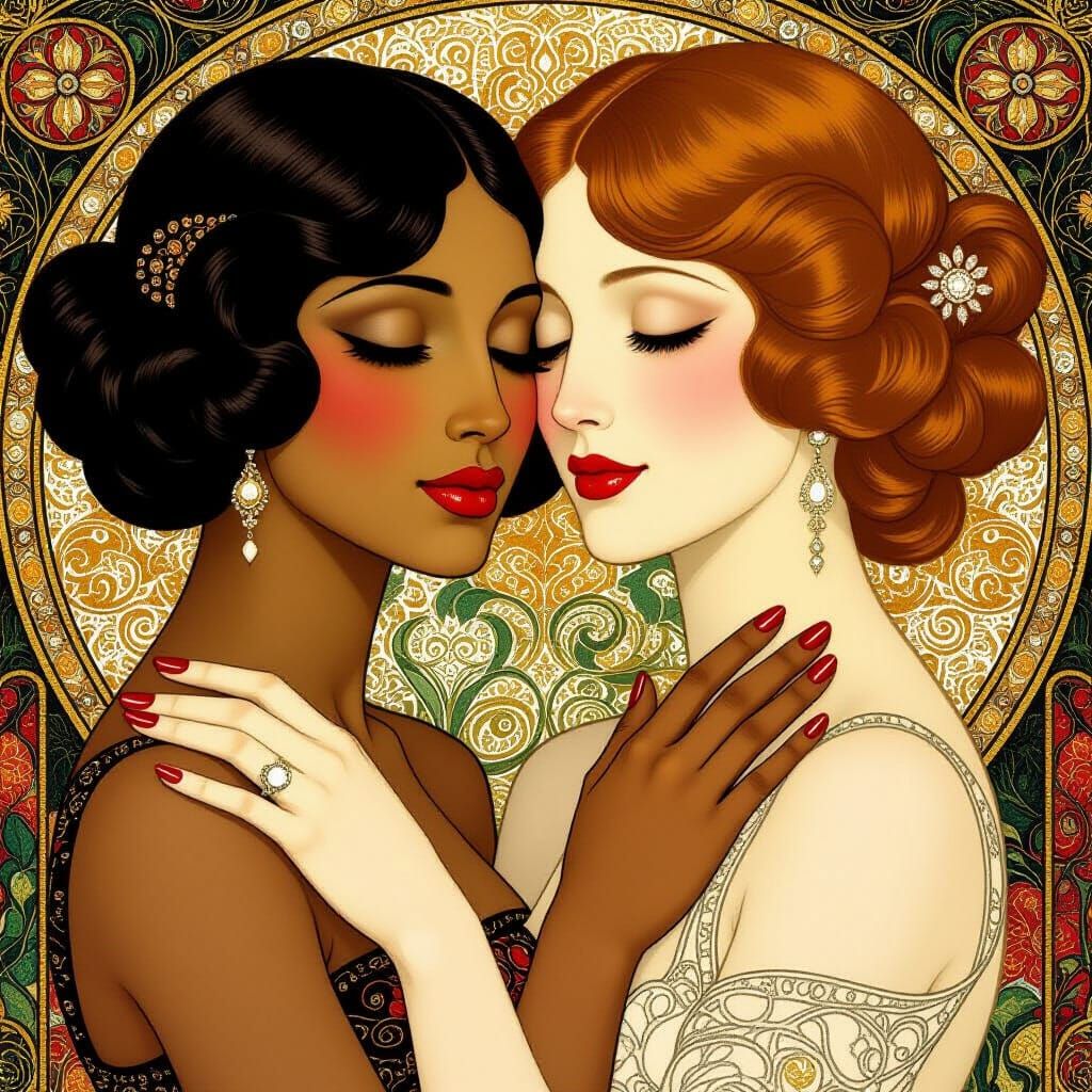 Art Nouveau Portrait of Women in Embrace, Klimt Style