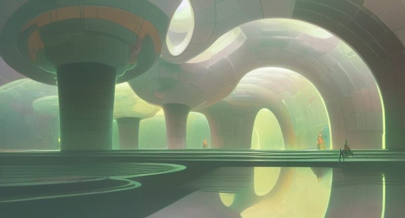 Vast Underground City with Light Columns and Waterfalls