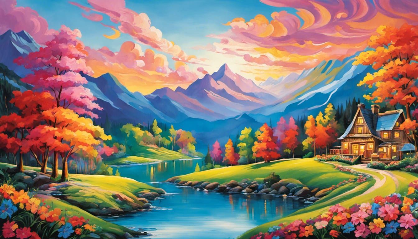 Mountain Landscape Painting with Waterfalls and Wildlife