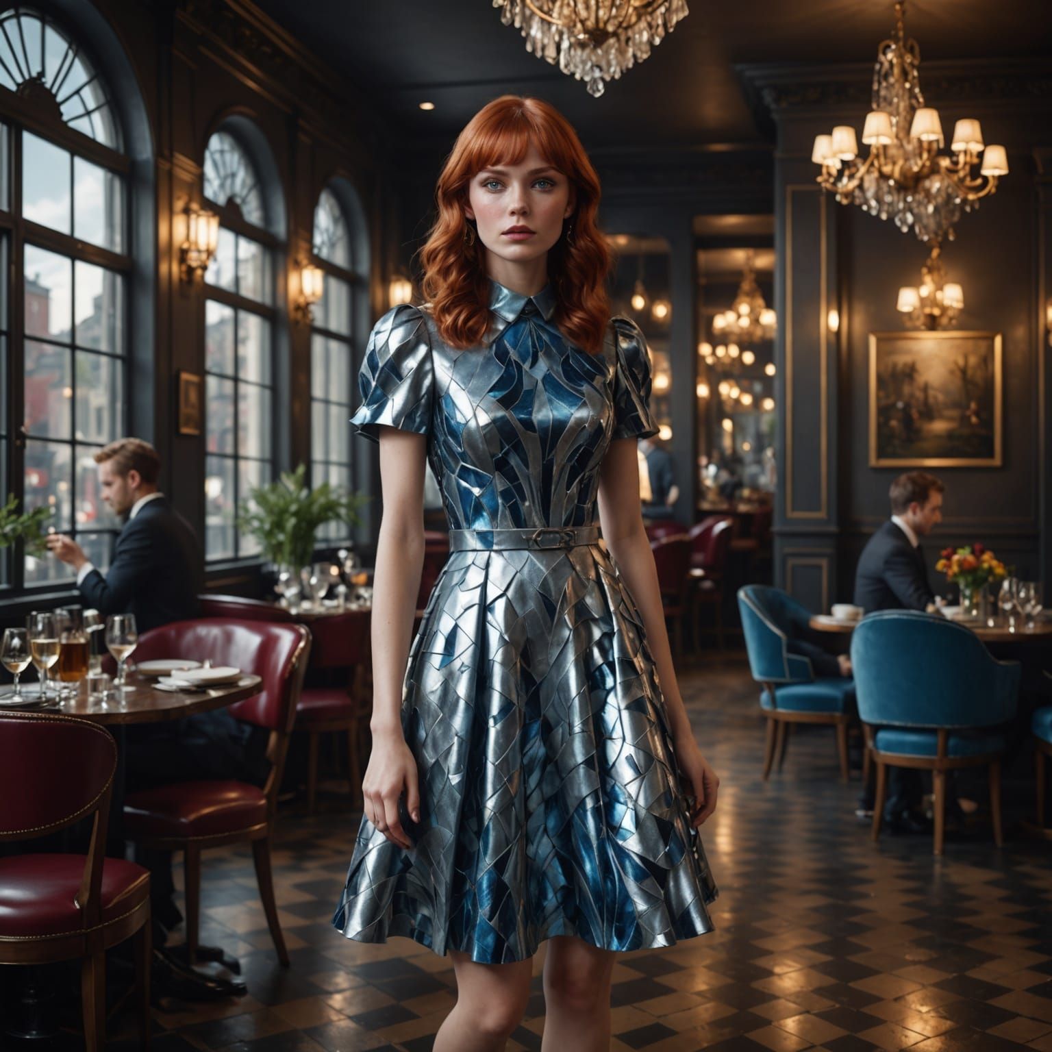 Elegant Woman in Silver Dress Enters Upscale Restaurant
