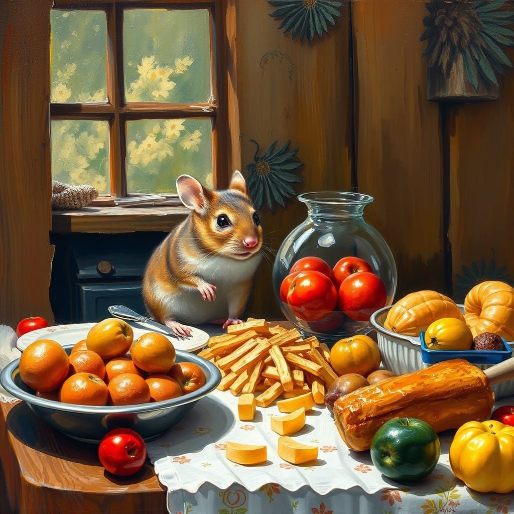 Whimsical Mouse Surveys a Feast in Daylight Oil Painting