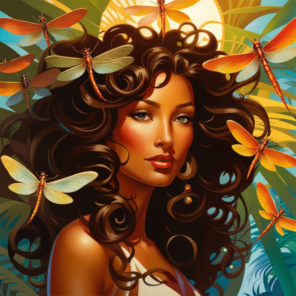 Radiant Polynesian Woman with Dragonflies, Fantasy Art