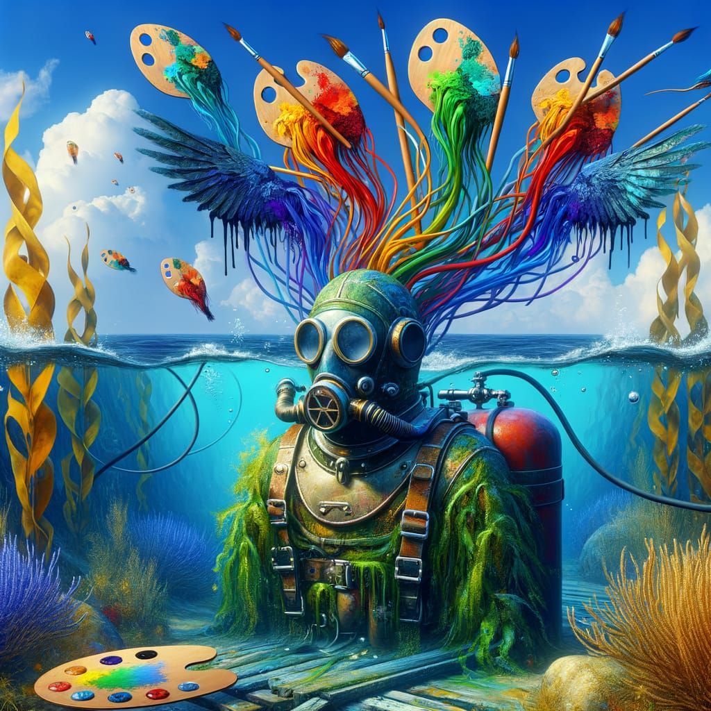Surreal Underwater Scene with Floating Paint Palettes