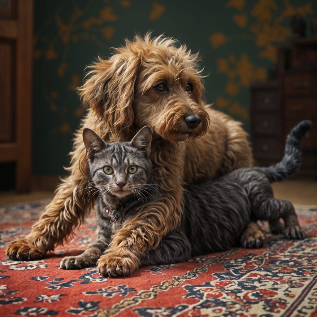 Poodle and Cat Playing on Persian Carpet
