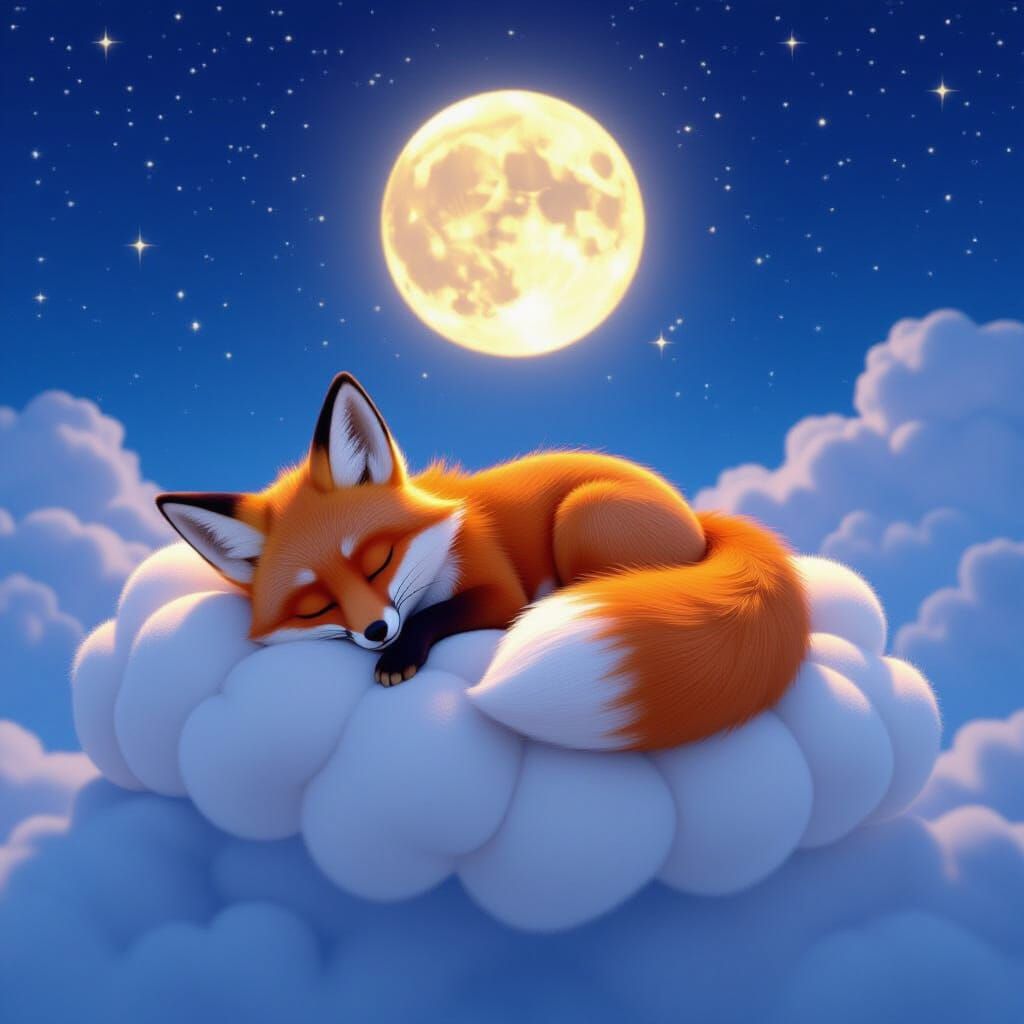 Fox Sleeping on Cloud Under Starry Sky