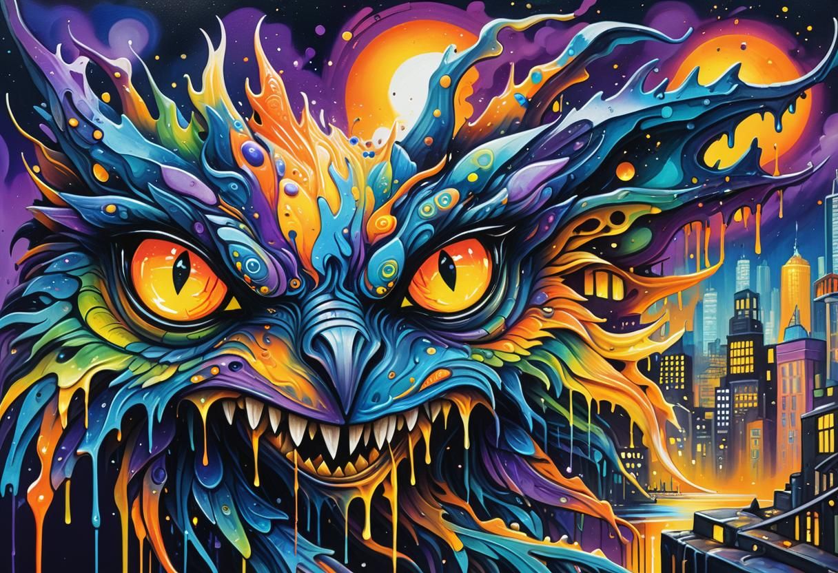 Graffiti Art: Fantastical Creature in Polychromatic City