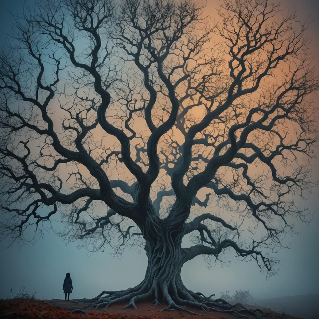 Mystical Figure on Ancient Tree in Fog