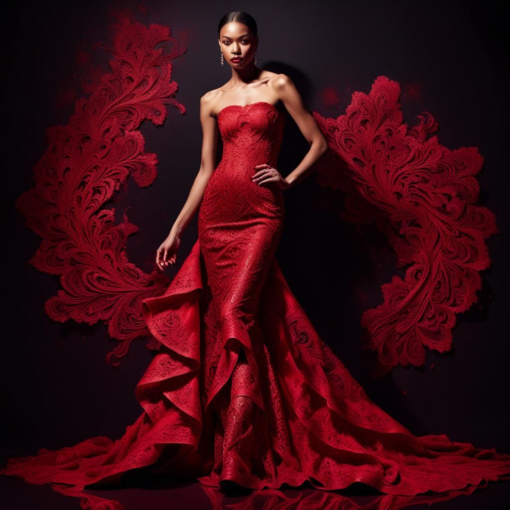 Radiant Red Gown: Hyperrealistic Splash Art Portrait