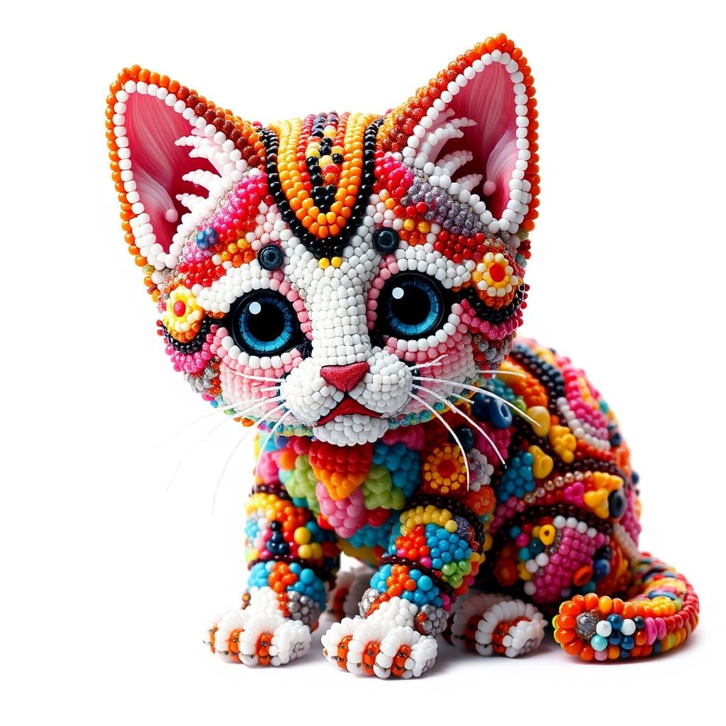 Beaded Kitten Mosaic in Playful Whimsical Style
