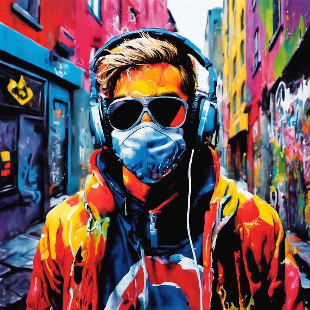DJ in Sci-Fi Cityscape: Graffiti Art Style