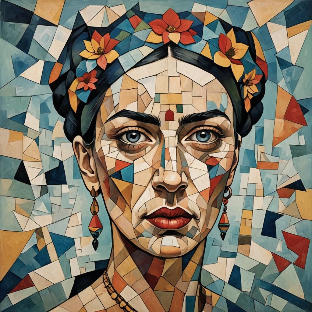 Cubist Old Woman Navigating Ocean at Sunset