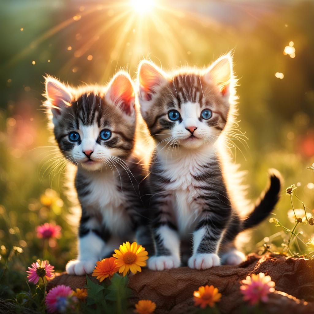 Kittens in Rainbow Sunbeam: Adorable AI Image