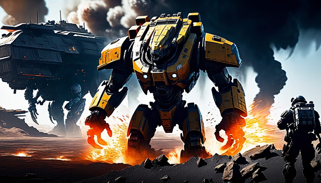 Heroic Mechbot Commander Rises from Lava Amidst Epic Space B...
