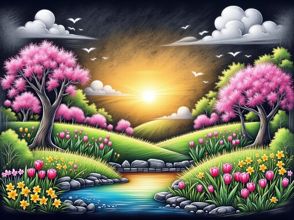 Vibrant Spring Chalk Drawing of a Serene Landscape