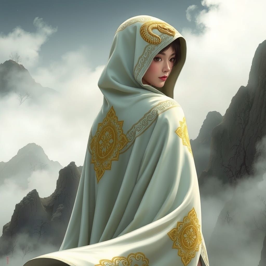 Mystical Chinese Priestess in Misty Mountains