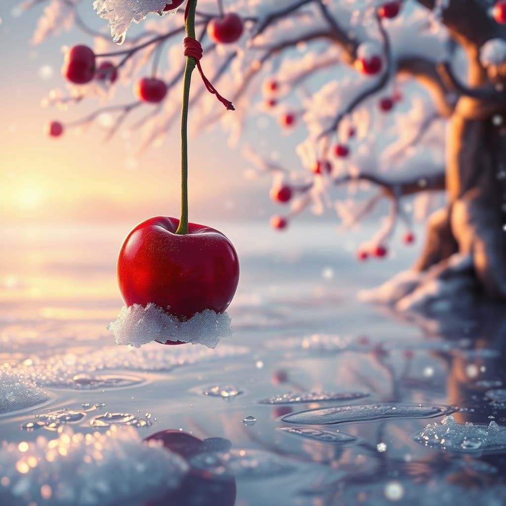 Crimson Cherries Amidst Snowy Winter Wonderland