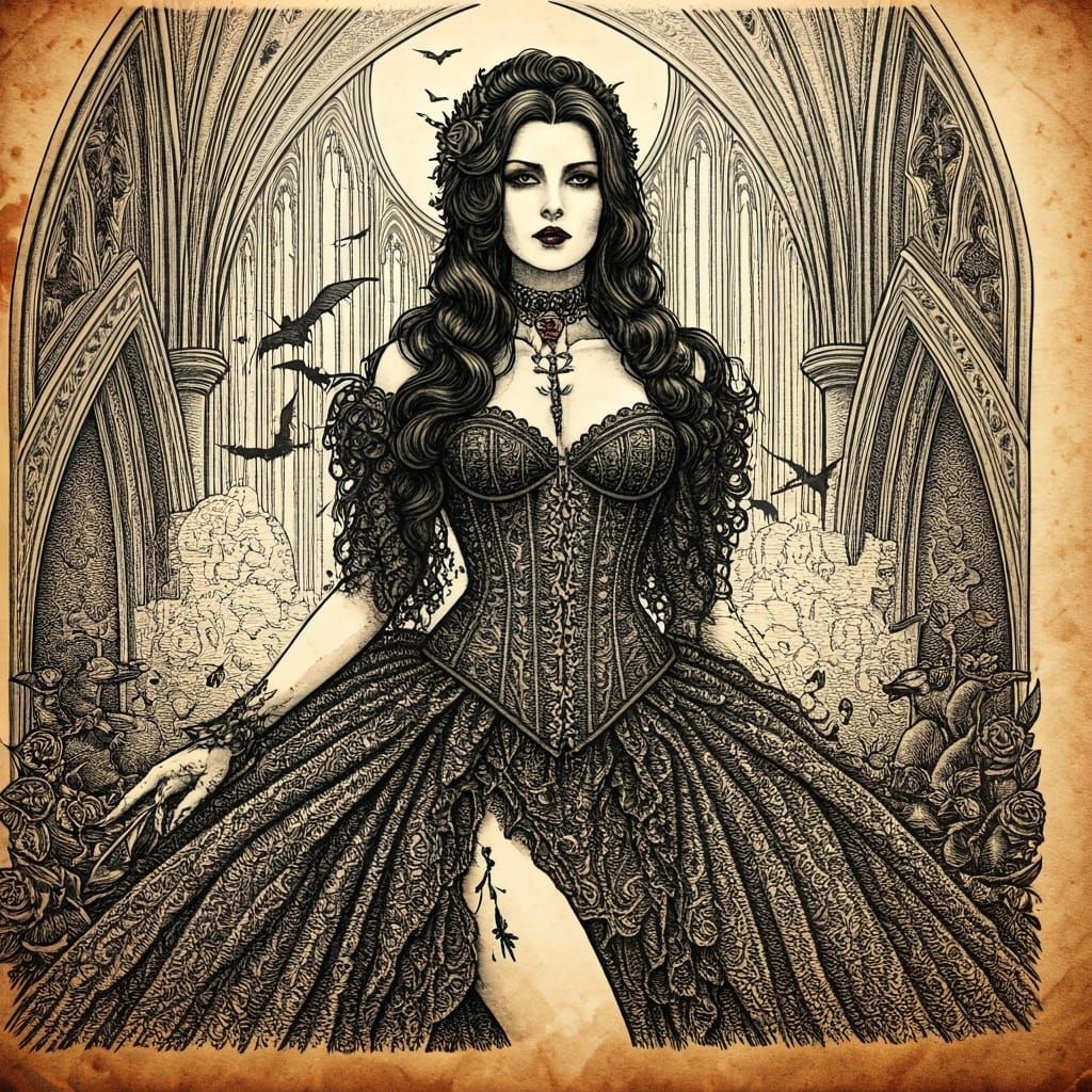 Gothic Vampire Countess Ink Illustration on Parchment