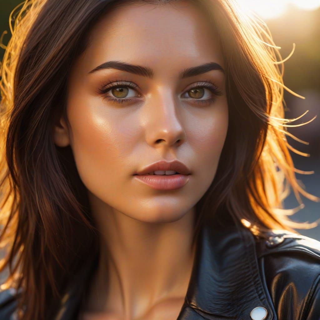 Tanned Woman in Leather Jacket: Vibrant Oil Painting