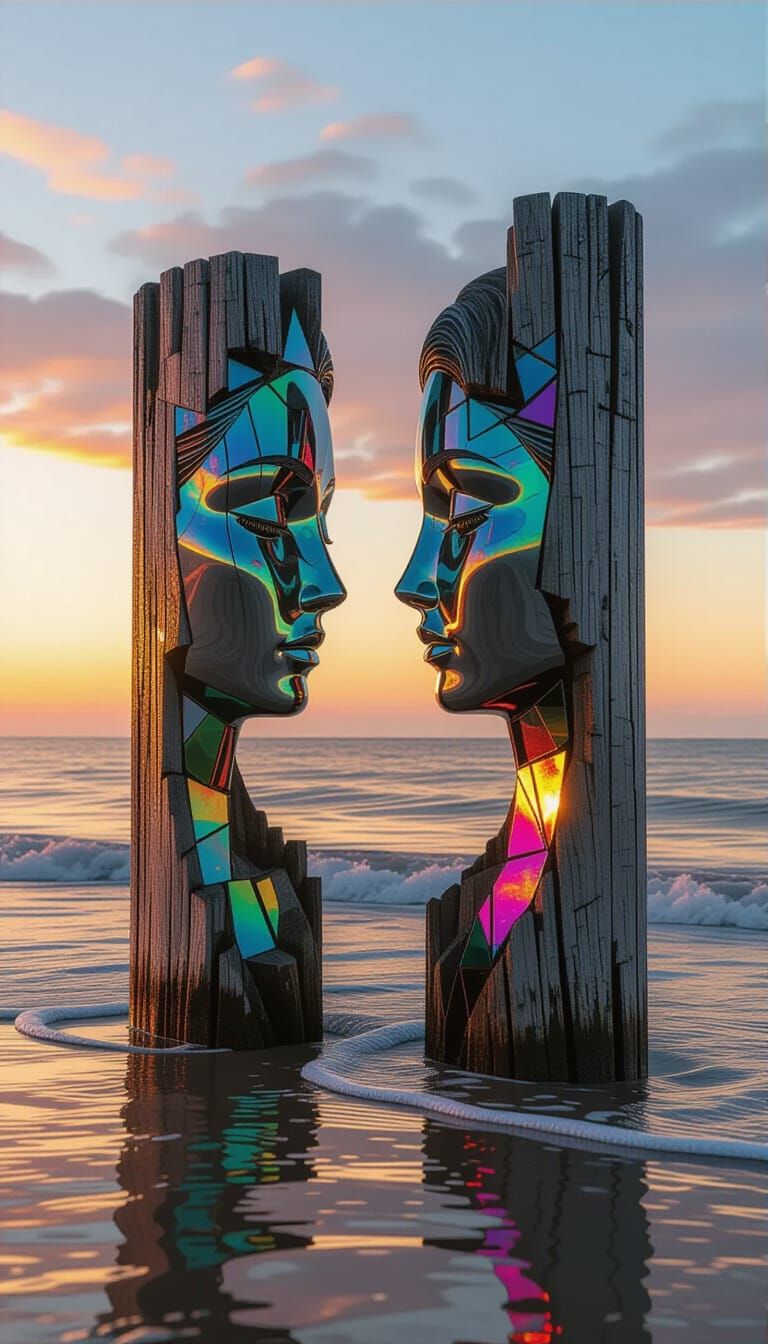 Coastal Sculpture with Iridescent Sunset Reflections