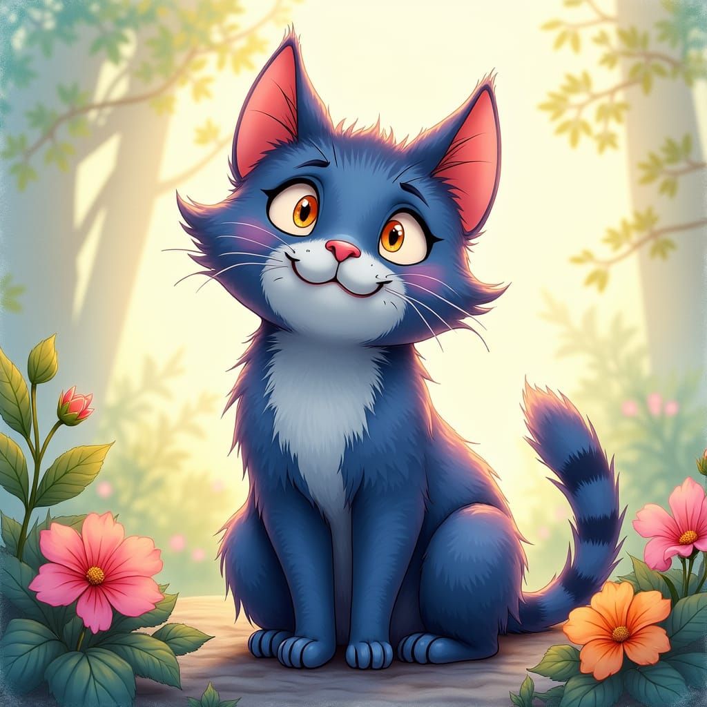 Cheerful Cartoon Cat with Bold Outlines, Anime Style