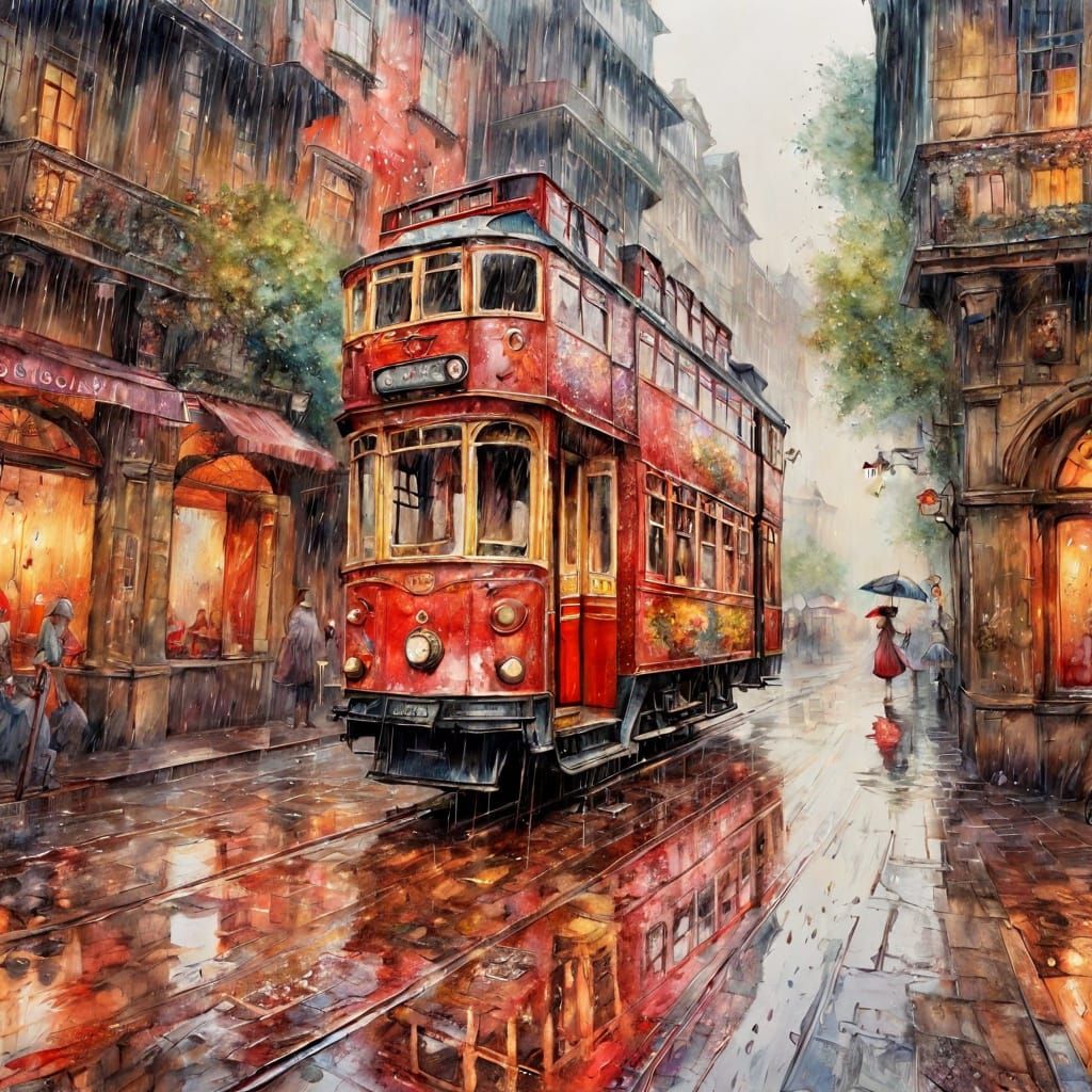 Red Tramway in Summer Rain: Watercolor Masterpiece