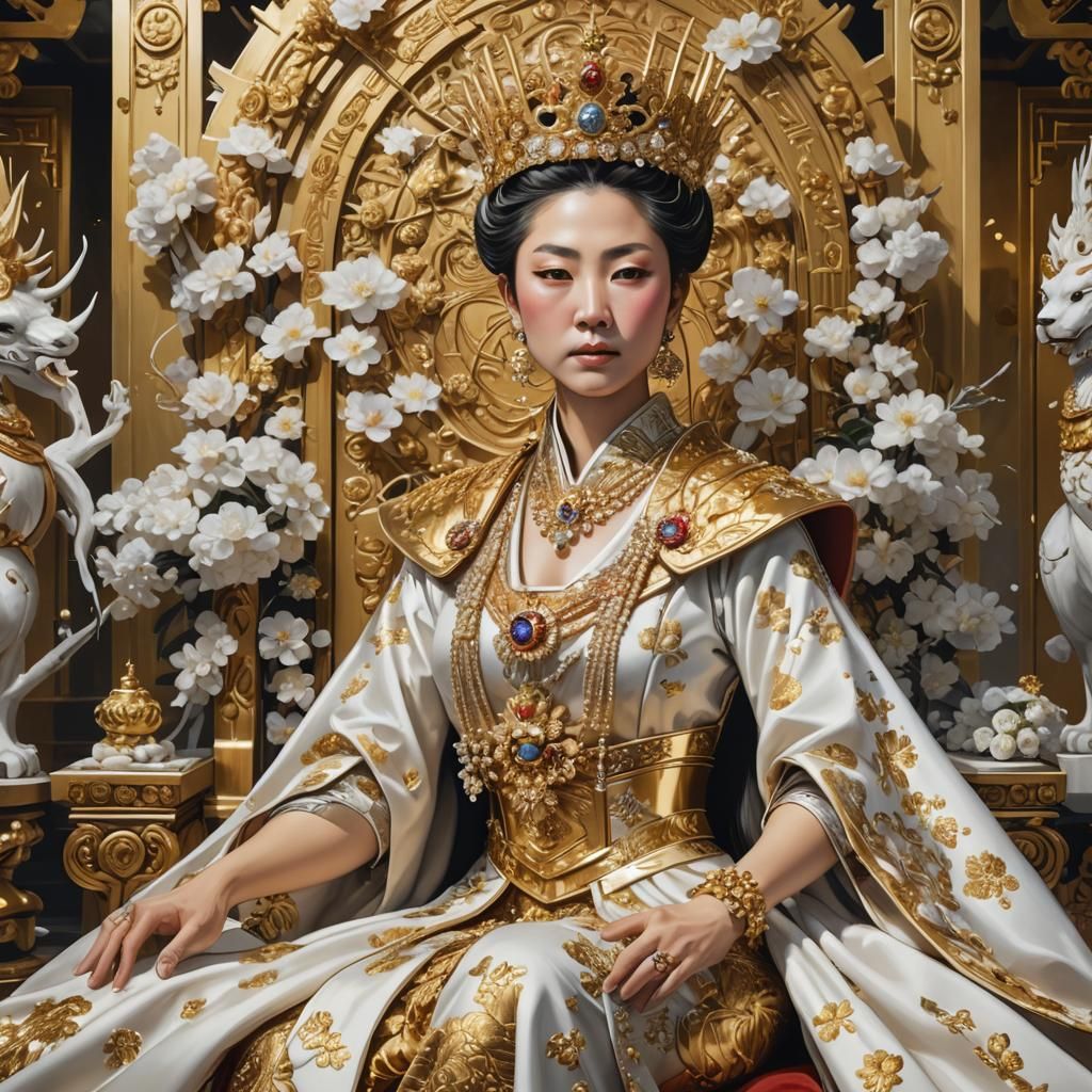 Opulent Japanese Queen in Golden Throne Room