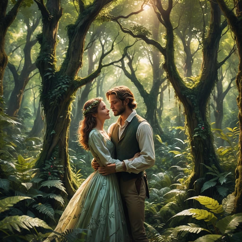 Lovers Embrace in Mystical Forest: Fantasy Art