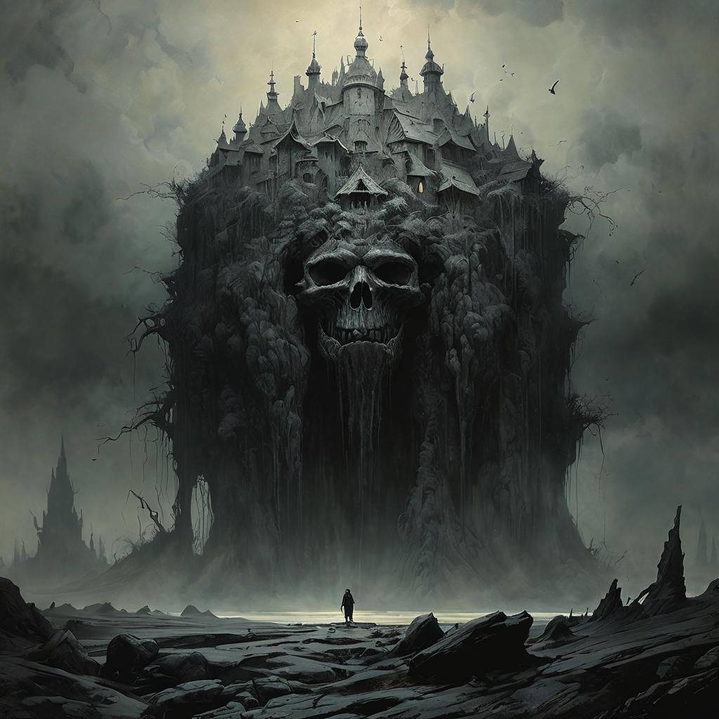 Dreamy Graphite Scene in Rackham, Frazetta, Beksinski Style