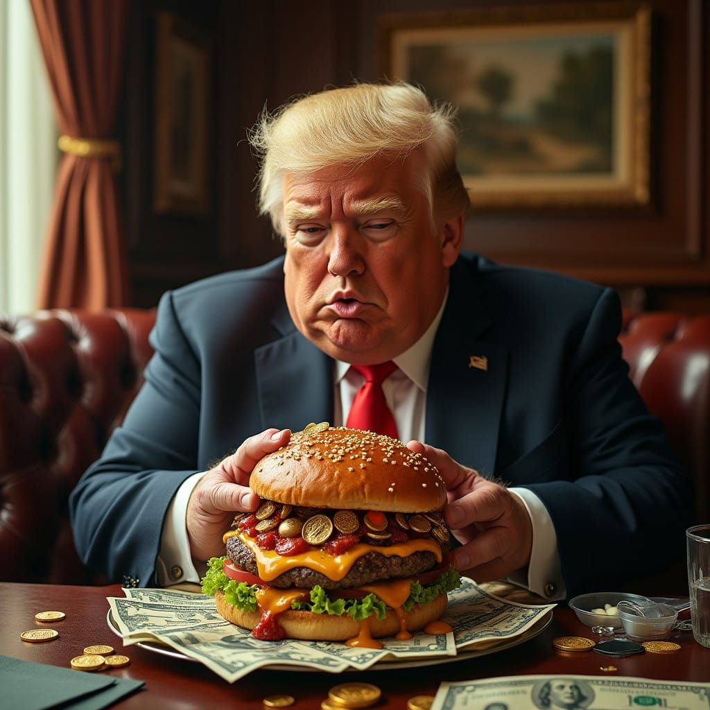 A Satirical Portrait of Gluttonous Wealth in a Dimly Lit Res...