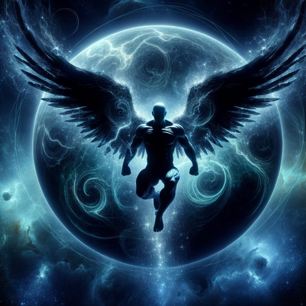 Powerful Winged Warrior Suspended in Cosmic Sphere