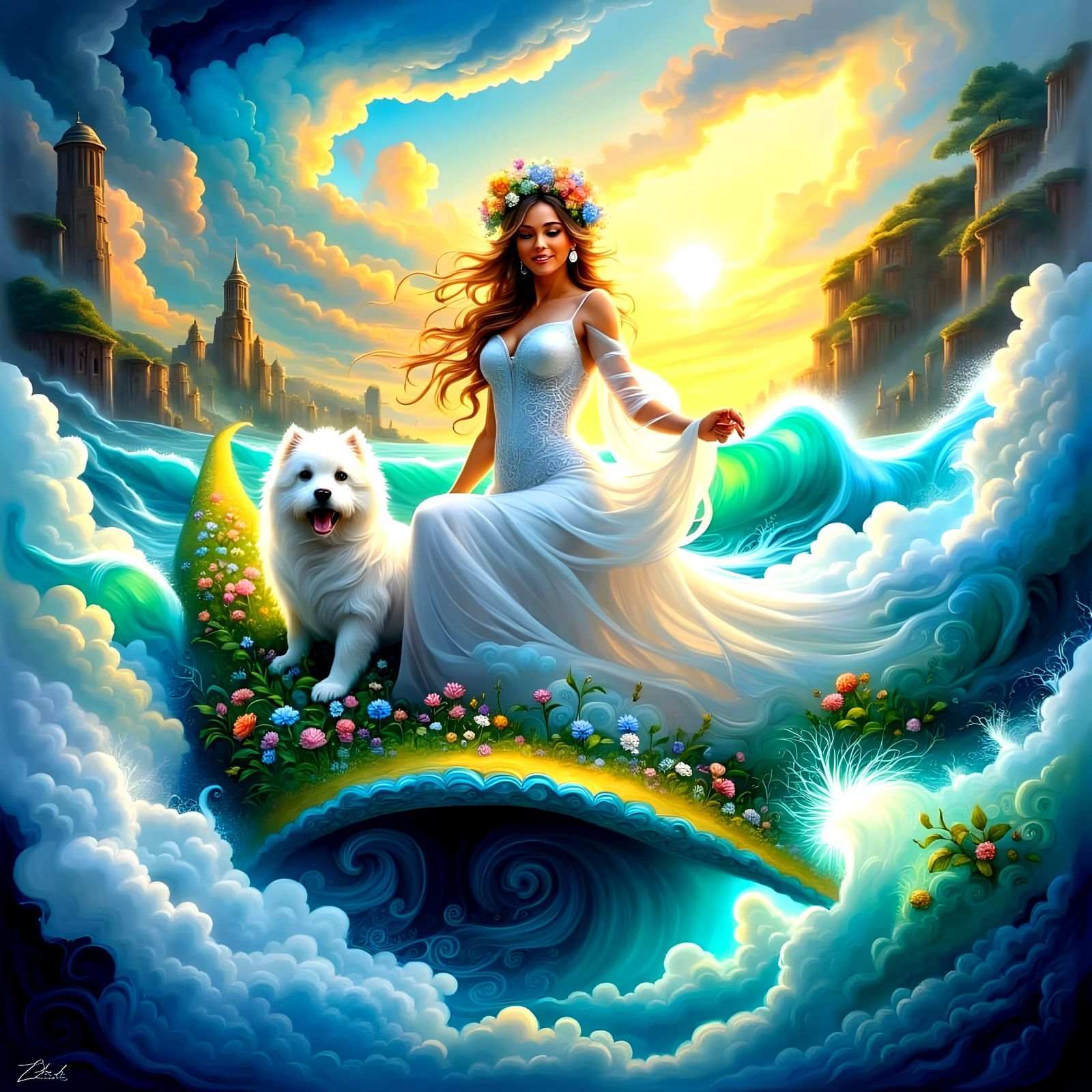 Joyful Woman and Puppy Ride a Magical Carpet Over Waves and ...