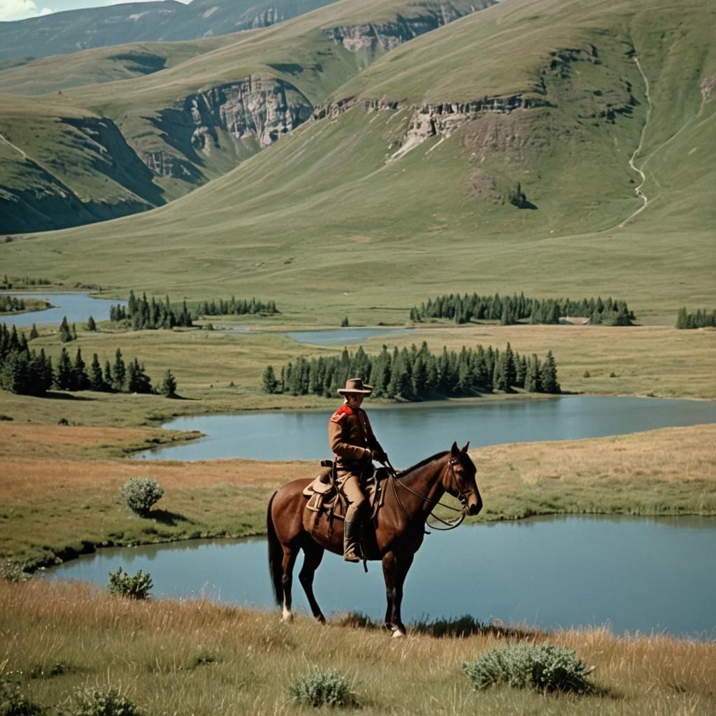 Mountie on Horseback in Prairie, 1950s Style