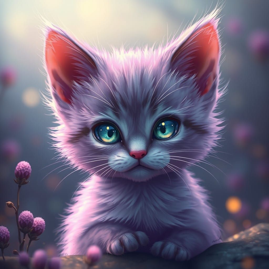 Whimsical Lavender-Hued Kitten in Dreamy Twilight Fantasy Re...