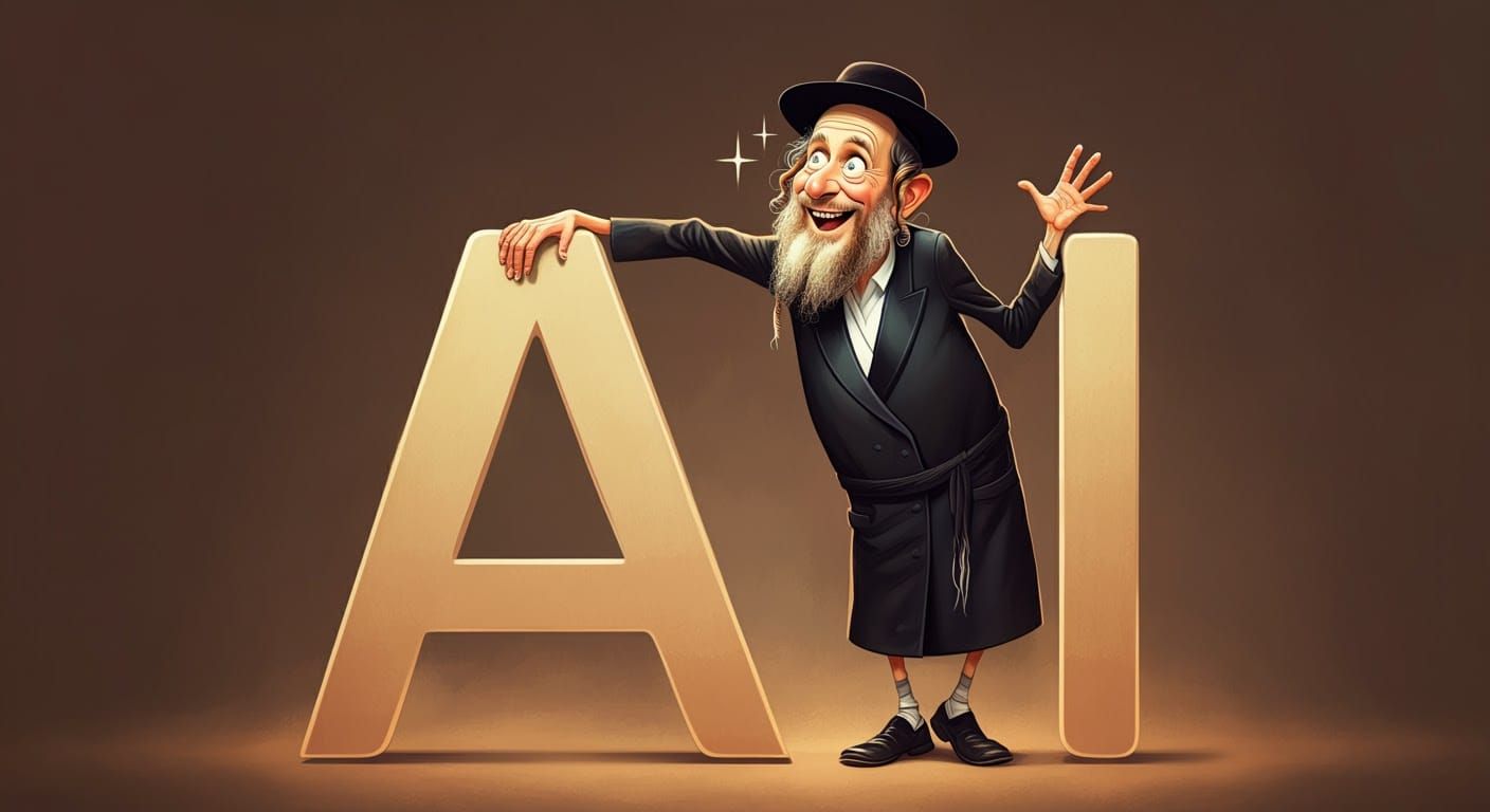Hasidic Jewish Man in Playful Wonder with AI Letters