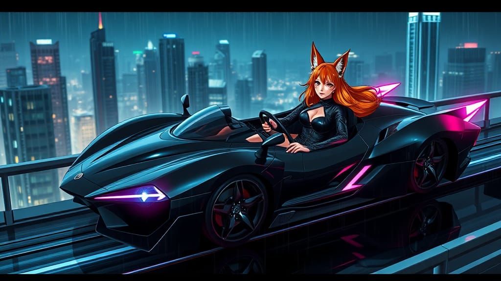 Kitsune drives her high tech convertible in the rain