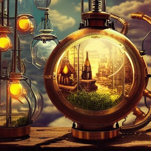 Steampunk City in Terrarium at Golden Hour