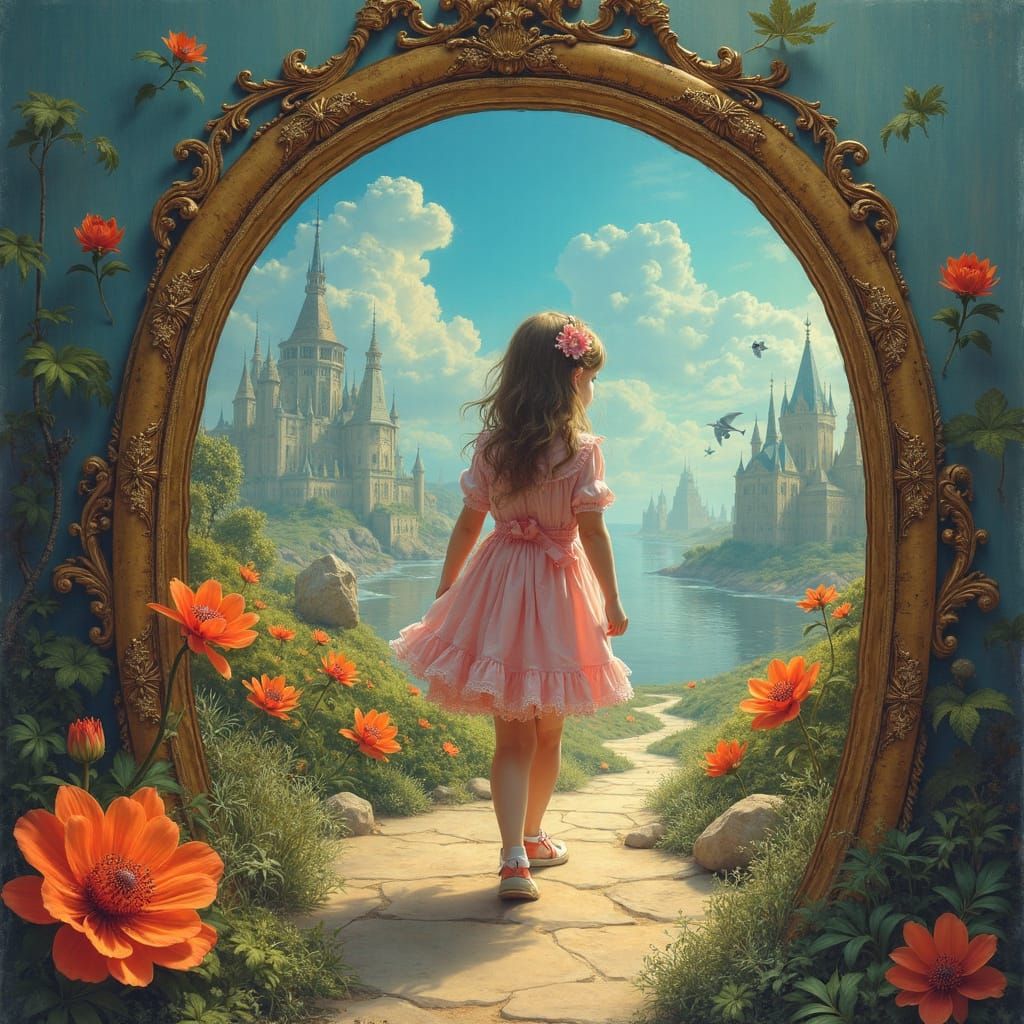 Girl Enters Surreal Dreamscape Through Ornate Mirror
