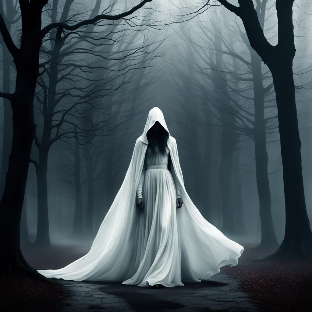 Ethereal Woman in Foggy Park, Sinister Art