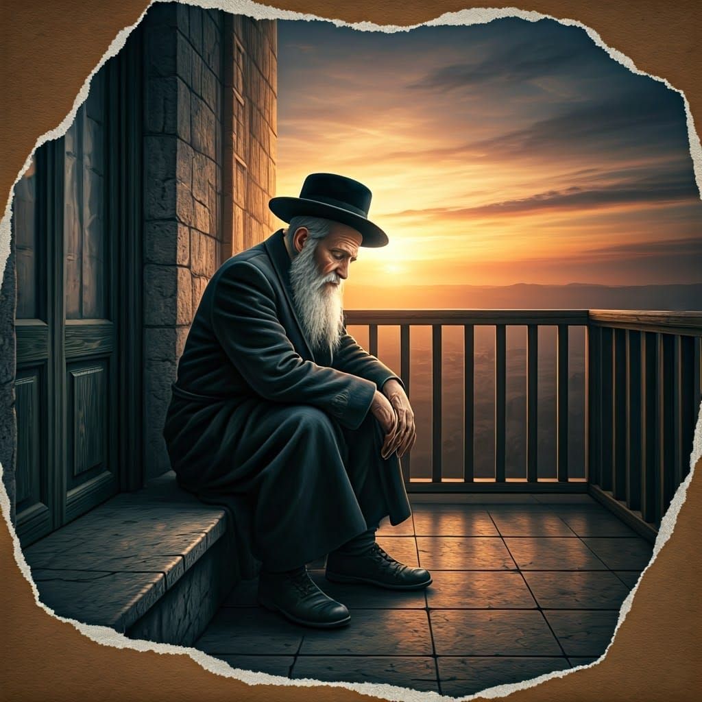 Hasidic Man Contemplates Sunset on Torn Paper