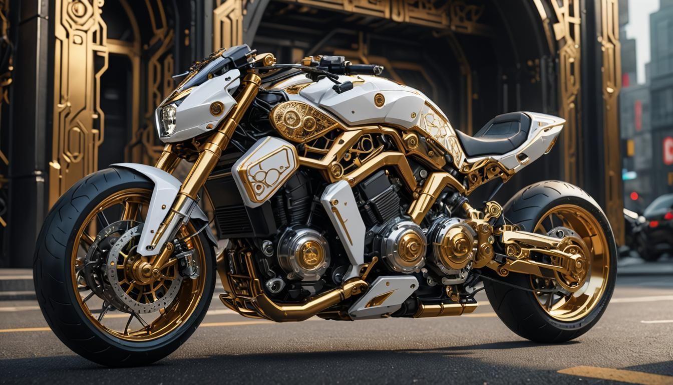 White and gold ratio complex lines and filigree, Electric futuristic motorbike, shiny, psychotic, highly detailed, vibra...