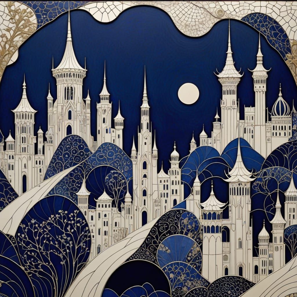 Whimsical Cityscape in Kintsugi Mosaic Style with Delicate S...