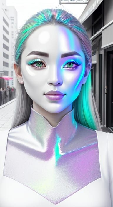 Iridescent City Sidewalk Portrait in Chroma Key Style
