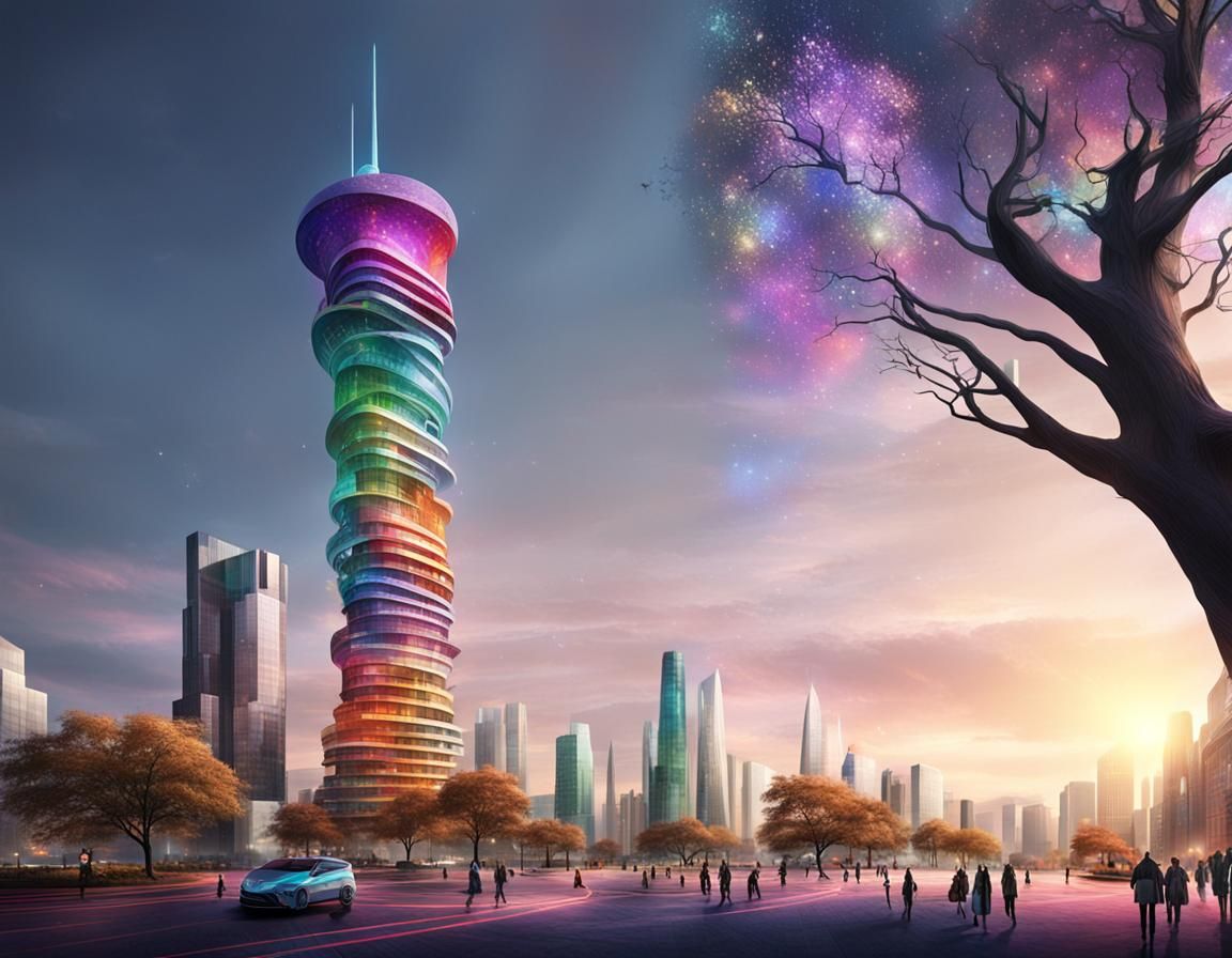 Futuristic Tower in a Multicolored City