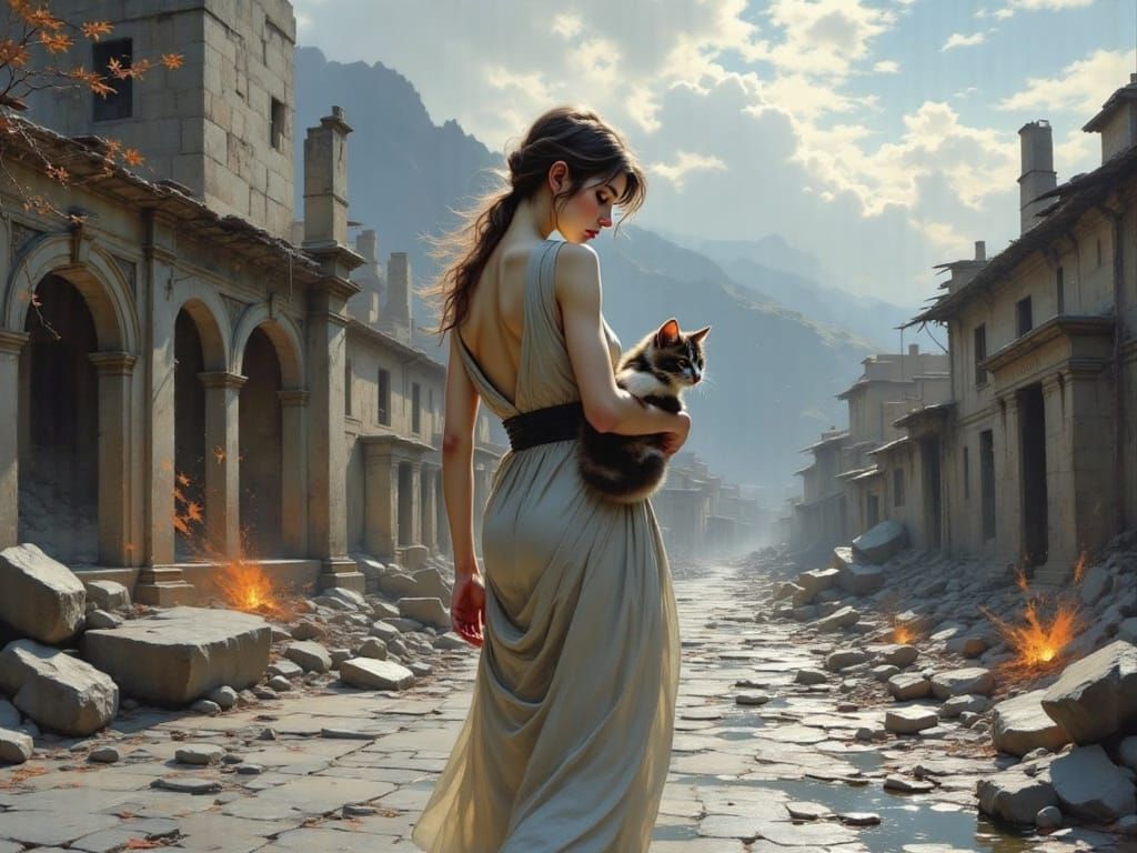 Philosopher and Cat Amidst Classical City Destruction