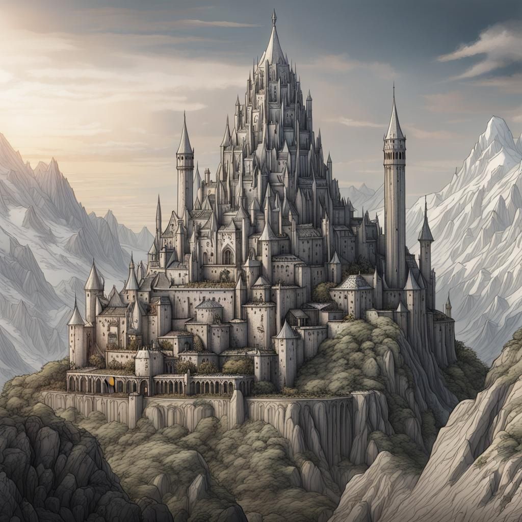 Detailed Line Art Drawing of Minas Tirith