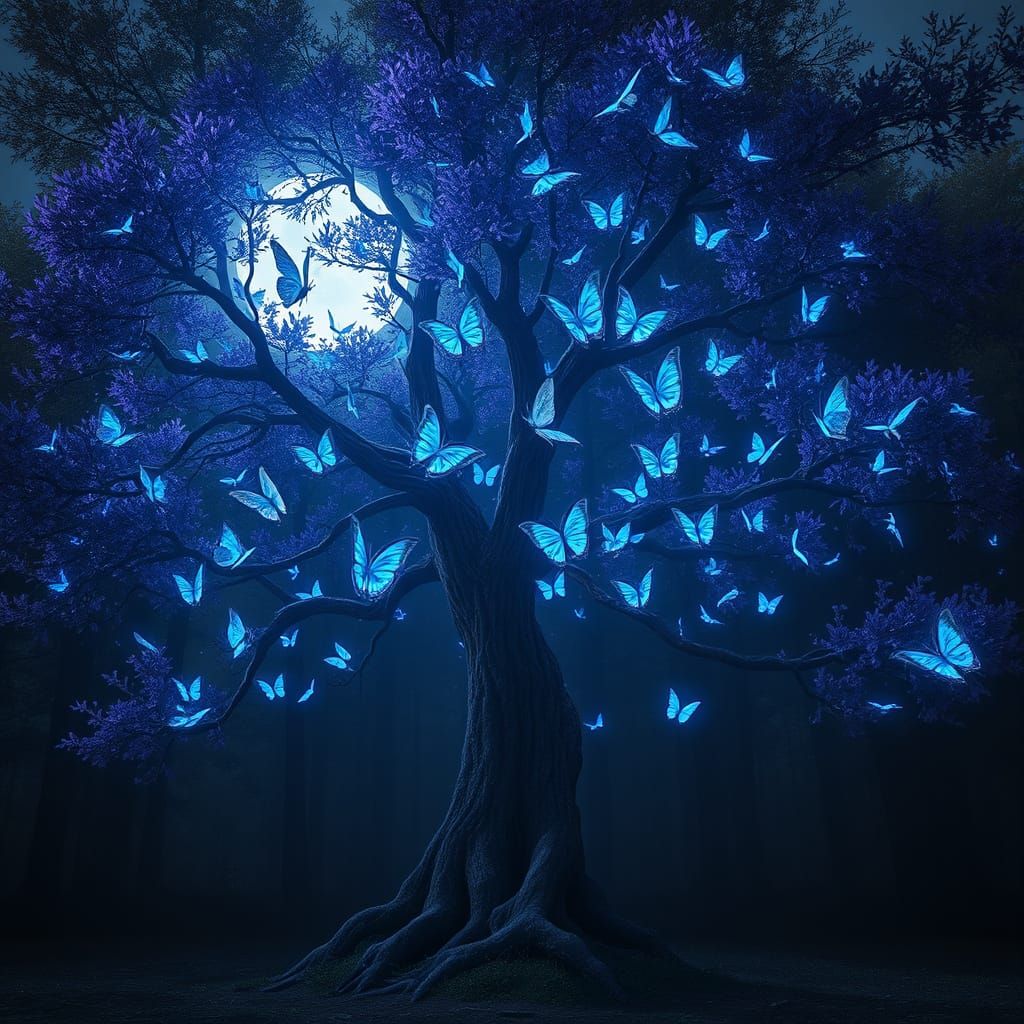 Glowing Butterfly Tree Under Moonlit Woods
